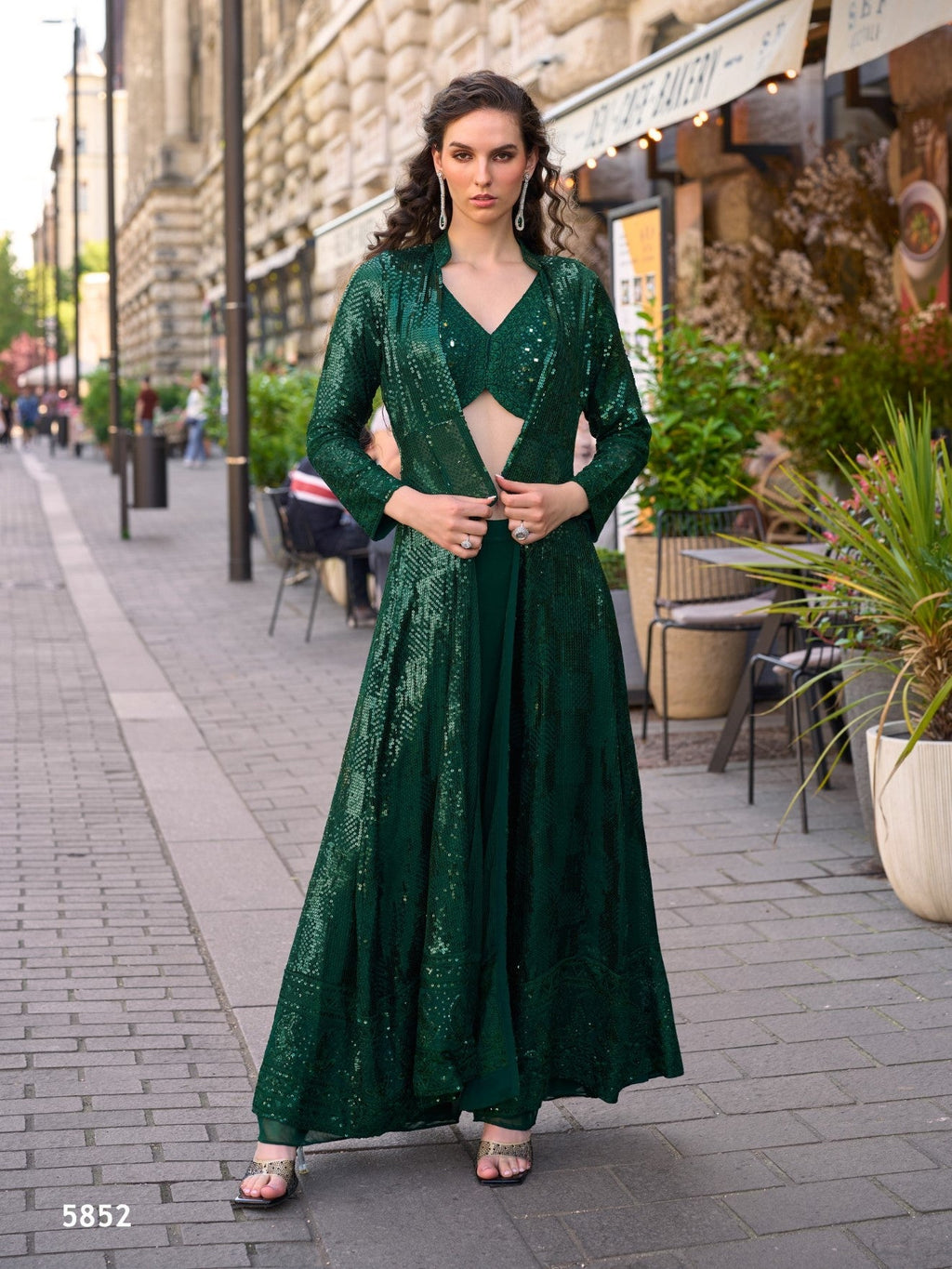 Anaita Dark-Green Georgette Stitched Shrug Suit With Embroidered Sequins Work | Grocsy