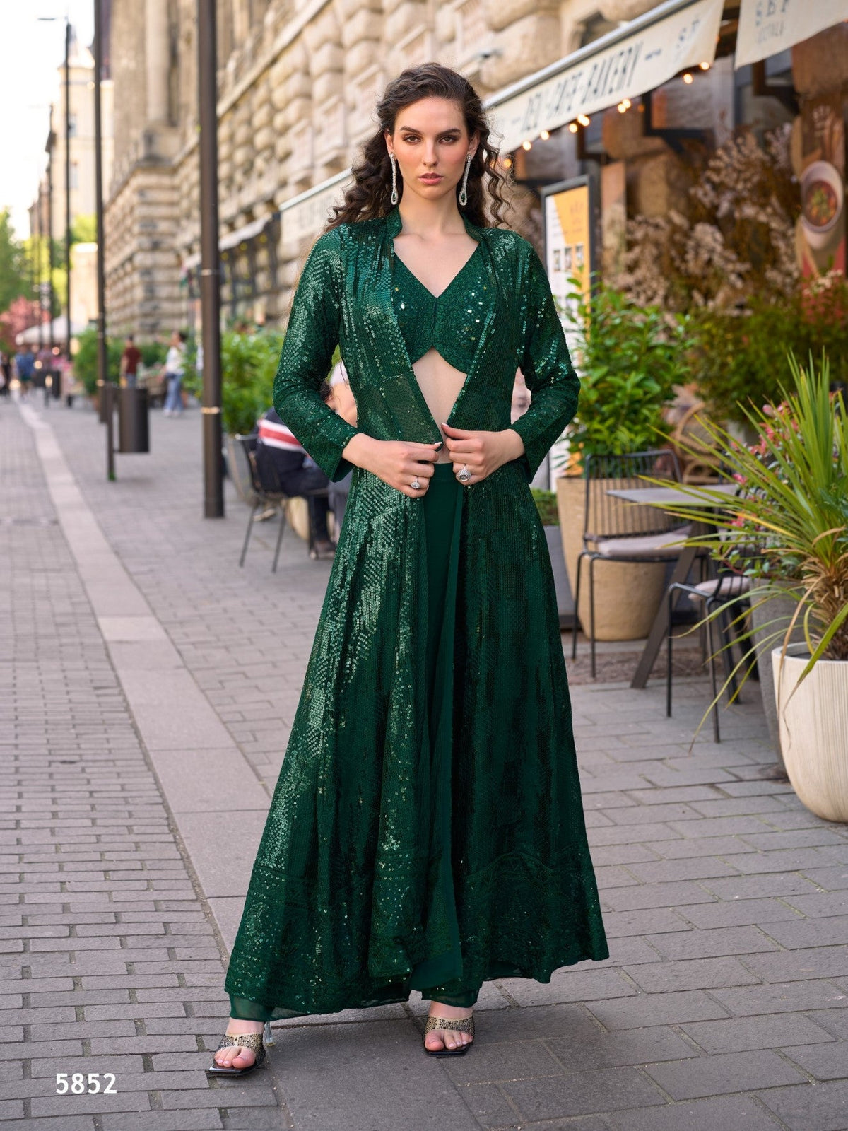 Anaita Dark-Green Georgette Stitched Shrug Suit With Embroidered Sequins Work | Grocsy