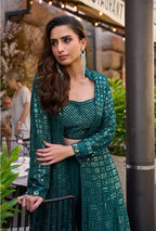 Anaita Emerald Georgette Stitched Shrug Suit With Embroidered Sequins Work | Grocsy
