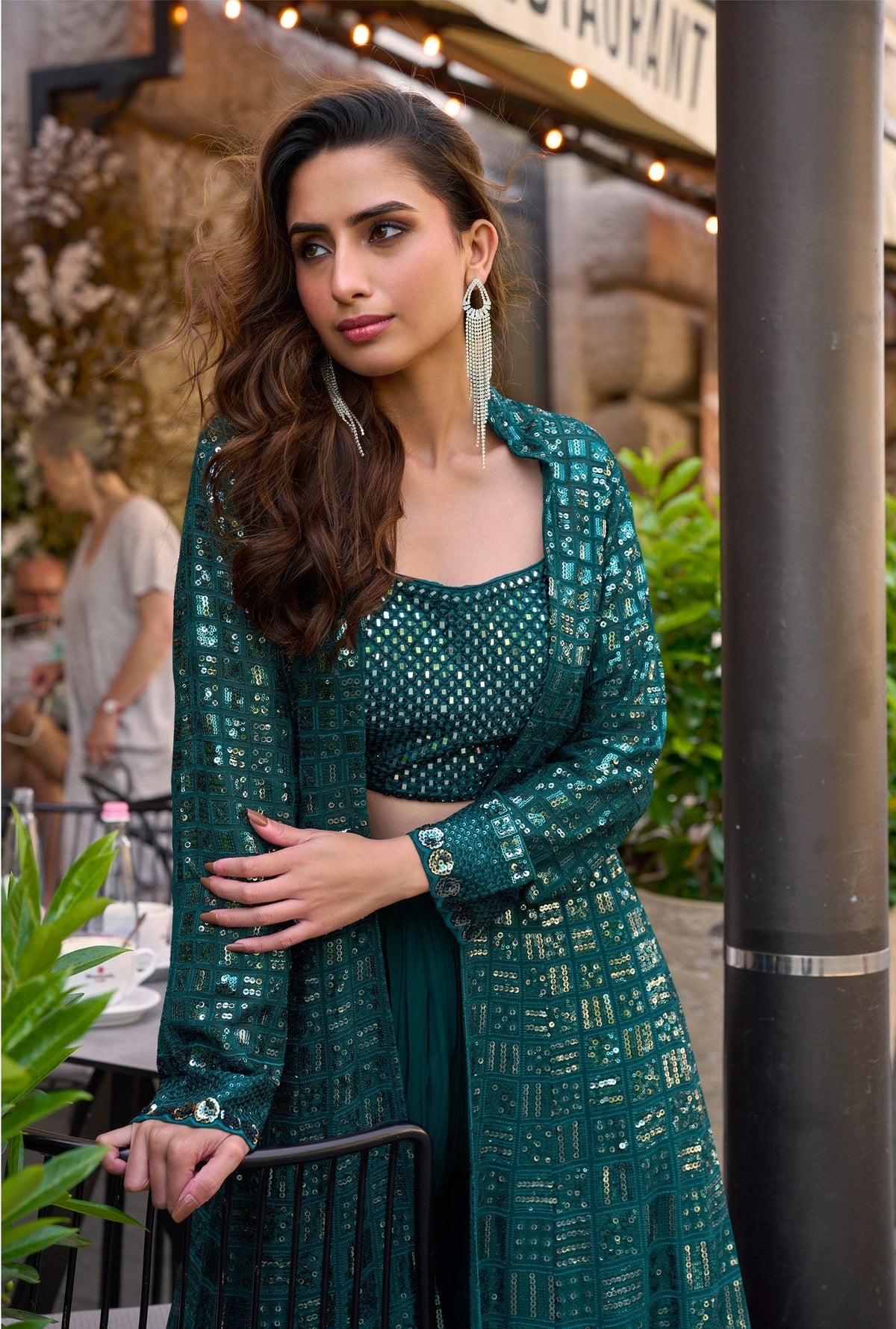 Anaita Emerald Georgette Stitched Shrug Suit With Embroidered Sequins Work | Grocsy
