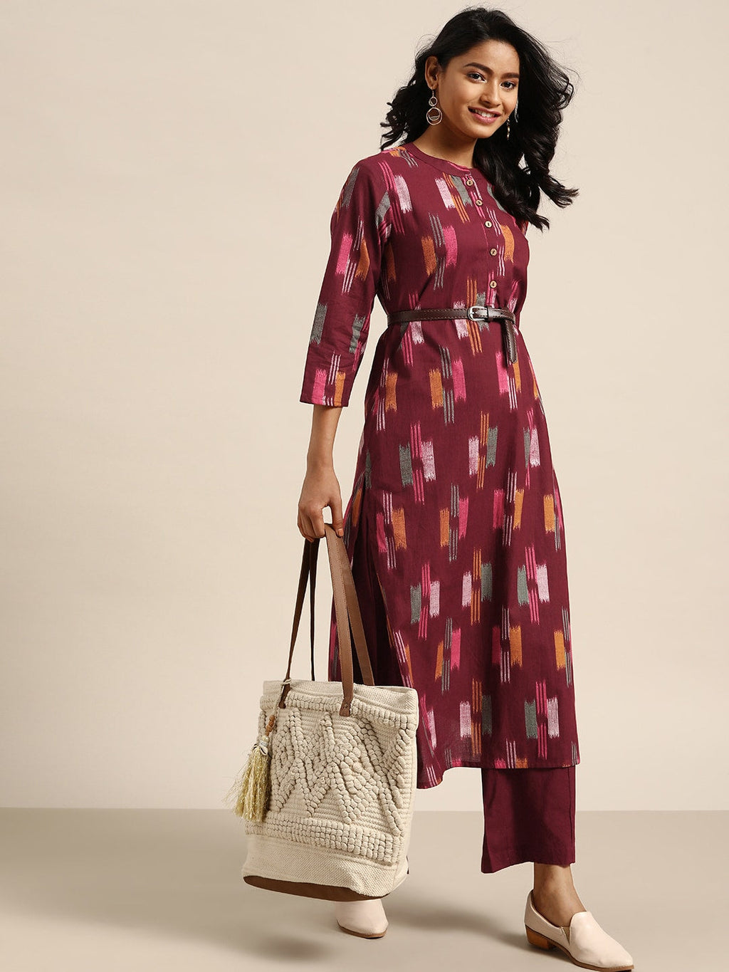Sangria Women Burgundy & Mustard Yellow Abstract Print Cotton Kurta with Trousers | Grocsy