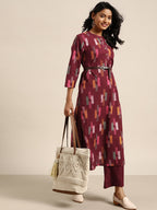 Sangria Women Burgundy & Mustard Yellow Abstract Print Cotton Kurta with Trousers | Grocsy