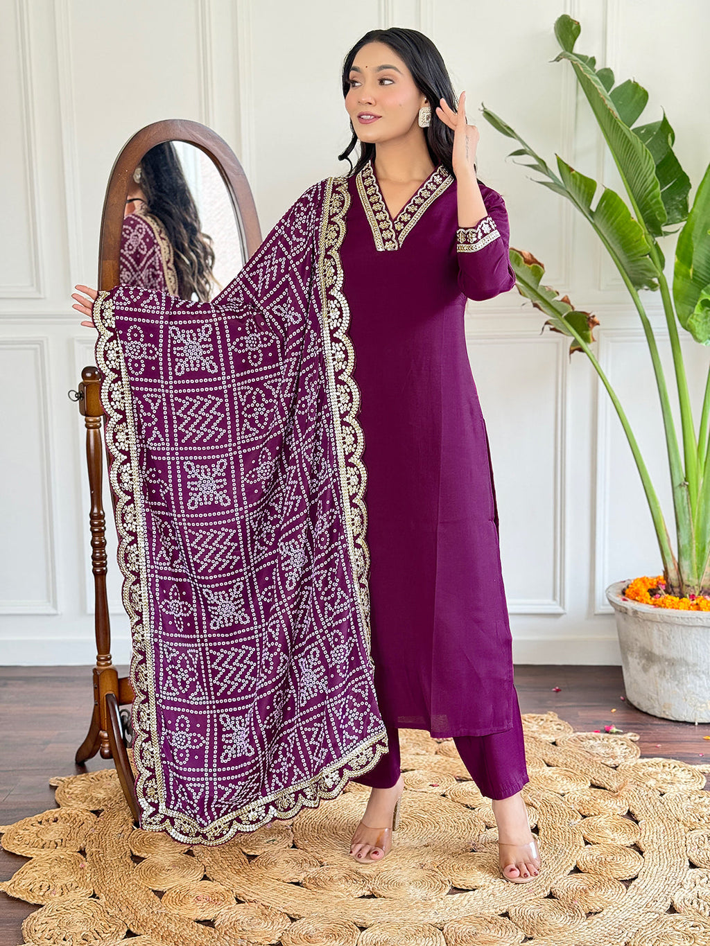 The52 Viscose Silk Fabric work Straight cut Kurta, Pant and Dupatta Set | Grocsy