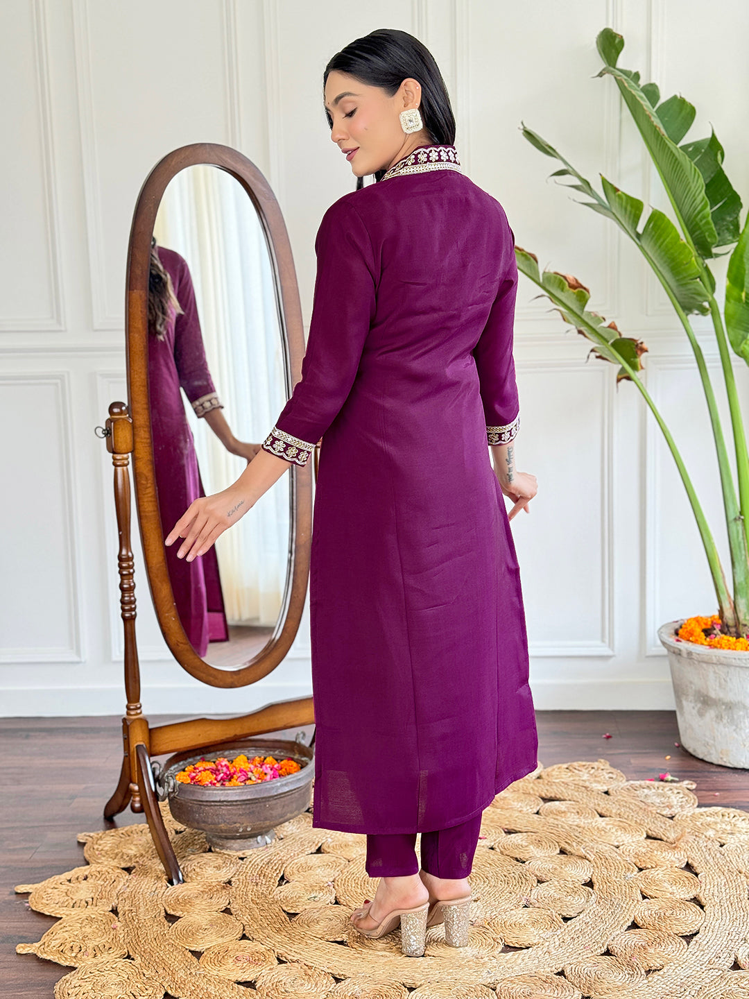 The52 Viscose Silk Fabric work Straight cut Kurta, Pant and Dupatta Set | Grocsy