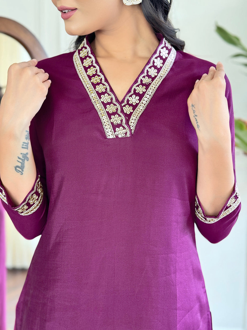 The52 Viscose Silk Fabric work Straight cut Kurta, Pant and Dupatta Set | Grocsy