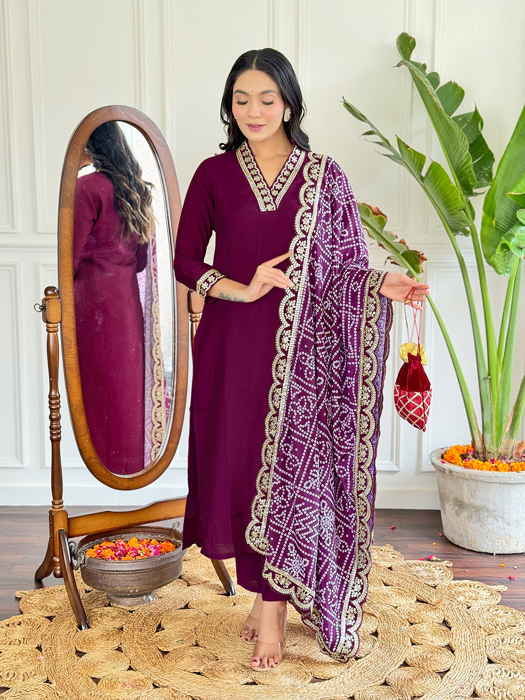 The52 Viscose Silk Fabric work Straight cut Kurta, Pant and Dupatta Set | Grocsy