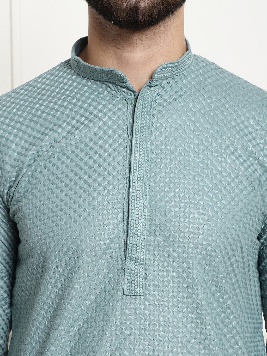 Sojanya Woven Design Mandarin Collar Straight Cotton Kurta | Grocsy