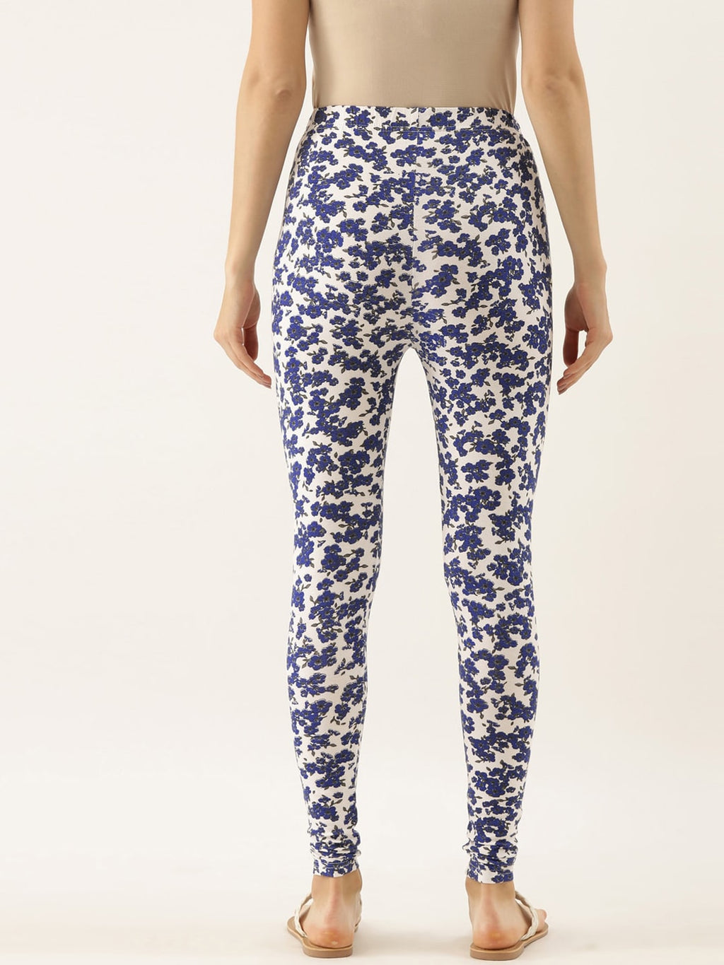 Souchii Women White & Blue Printed Slim-Fit Ankle-Length Leggings | Grocsy