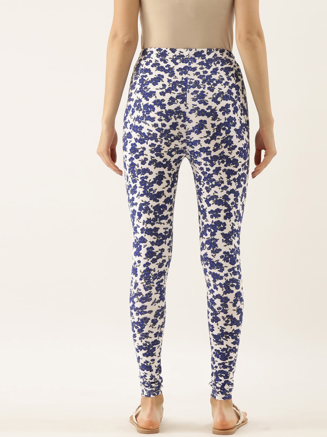 Souchii Women White & Blue Printed Slim-Fit Ankle-Length Leggings | Grocsy