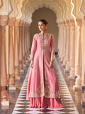 Evanik Pink Silk Blend with Digital Print with Embroidered Beads Work Shrug, Top with Palazzo | Grocsy