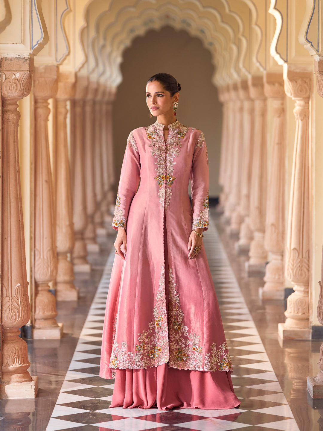 Evanik Pink Silk Blend with Digital Print with Embroidered Beads Work Shrug, Top with Palazzo | Grocsy