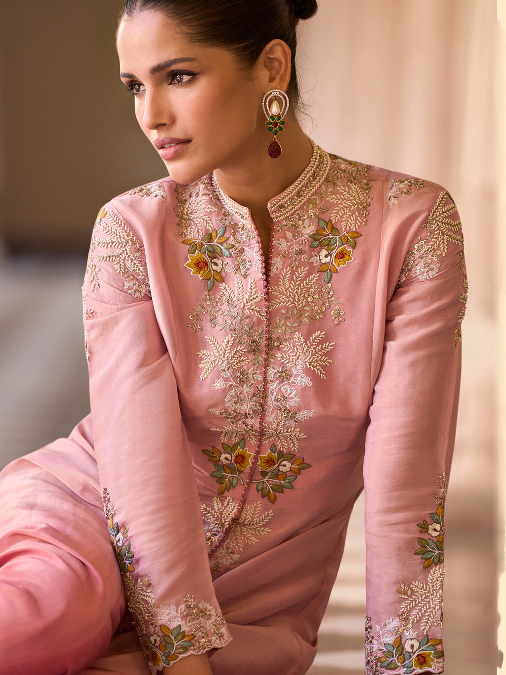 Evanik Pink Silk Blend with Digital Print with Embroidered Beads Work Shrug, Top with Palazzo | Grocsy