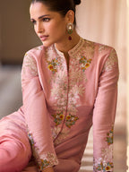 Evanik Pink Silk Blend with Digital Print with Embroidered Beads Work Shrug, Top with Palazzo | Grocsy