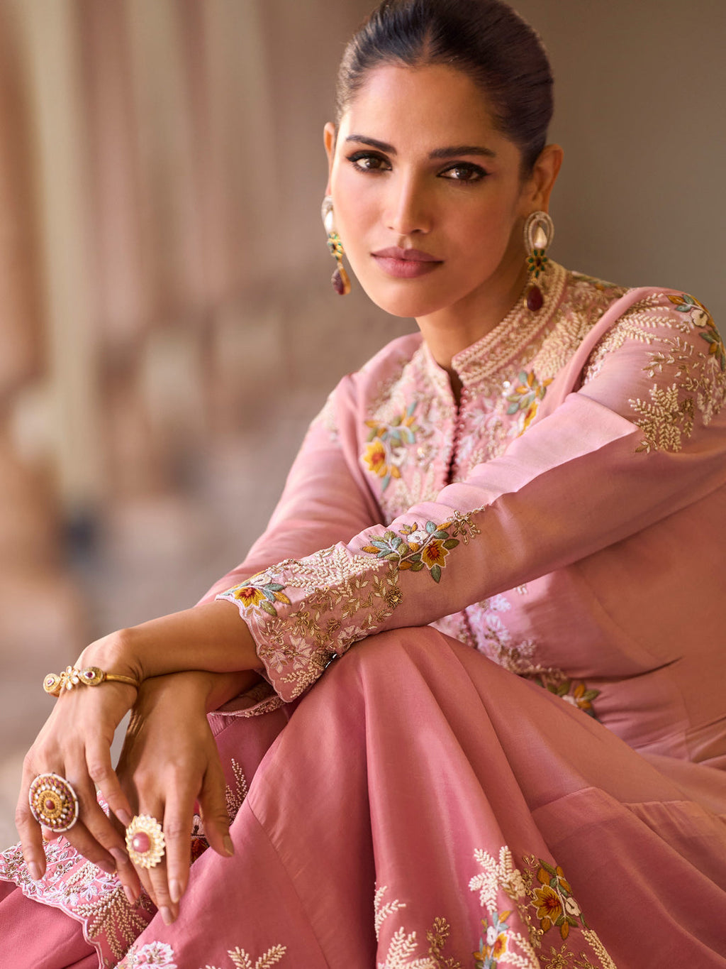 Evanik Pink Silk Blend with Digital Print with Embroidered Beads Work Shrug, Top with Palazzo | Grocsy
