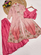 Evanik Pink Silk Blend with Digital Print with Embroidered Beads Work Shrug, Top with Palazzo | Grocsy