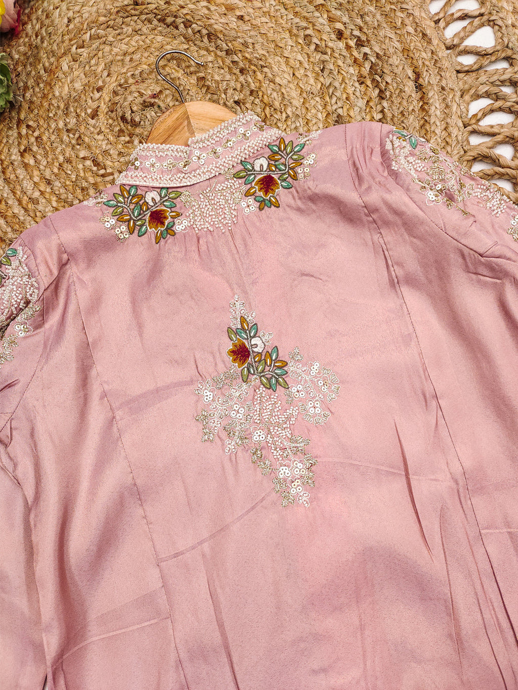 Evanik Pink Silk Blend with Digital Print with Embroidered Beads Work Shrug, Top with Palazzo | Grocsy