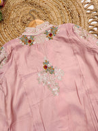 Evanik Pink Silk Blend with Digital Print with Embroidered Beads Work Shrug, Top with Palazzo | Grocsy