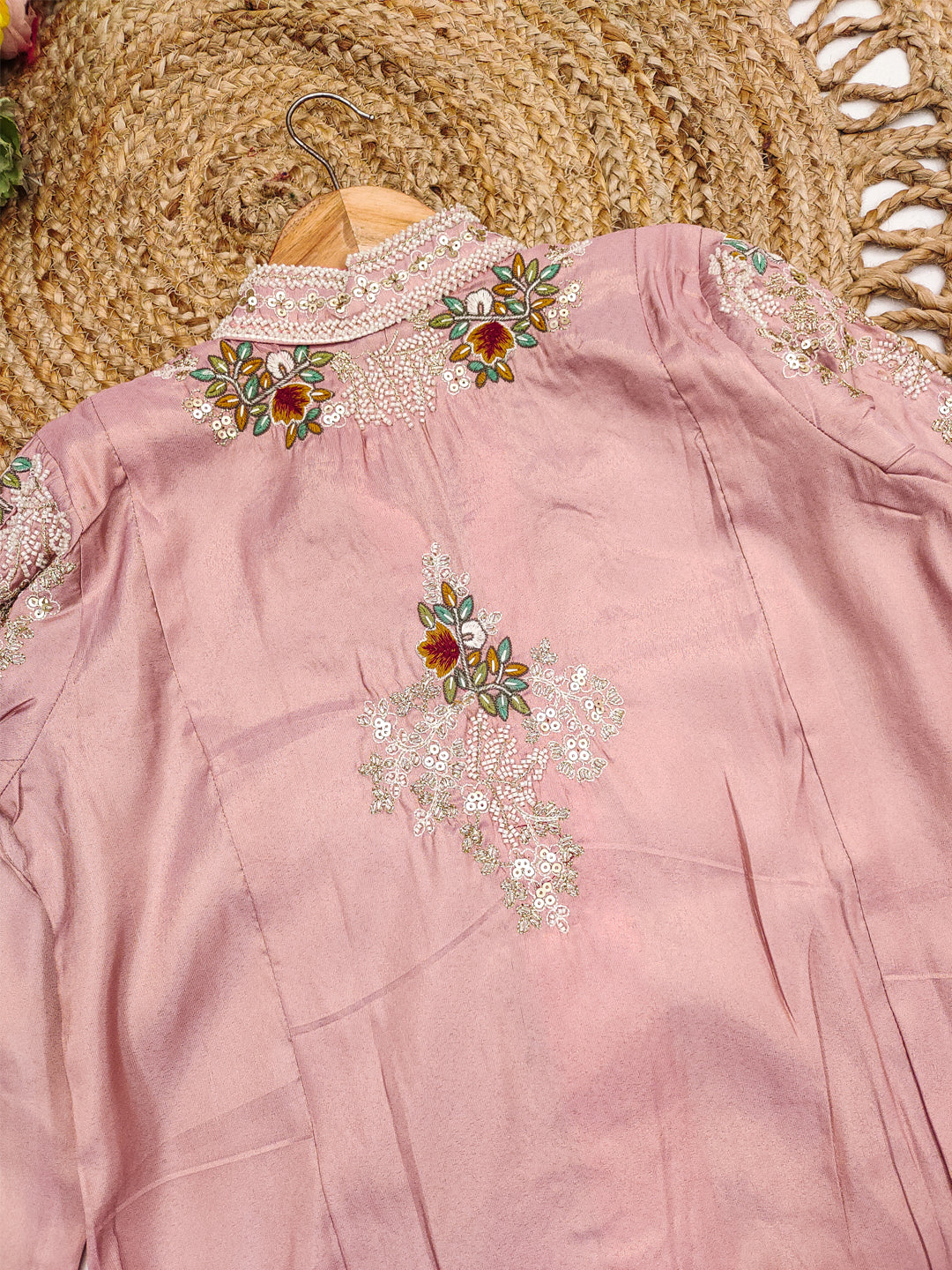 Evanik Pink Silk Blend with Digital Print with Embroidered Beads Work Shrug, Top with Palazzo | Grocsy