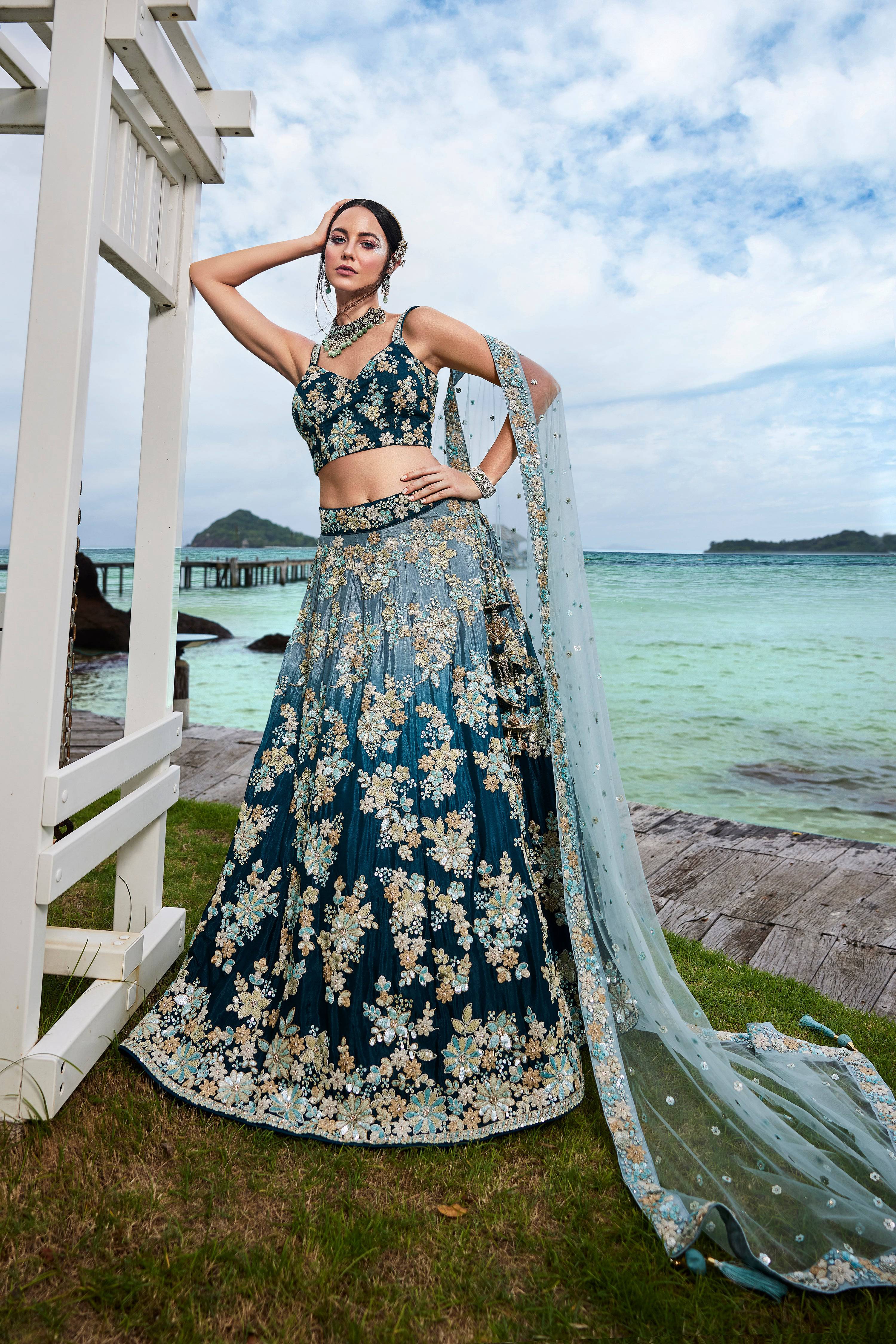 House of Panchhi Teal Padded Colour Georgette Sequins & Zarkan Embroidery Lehenga Choli & Dupatta | Grocsy
