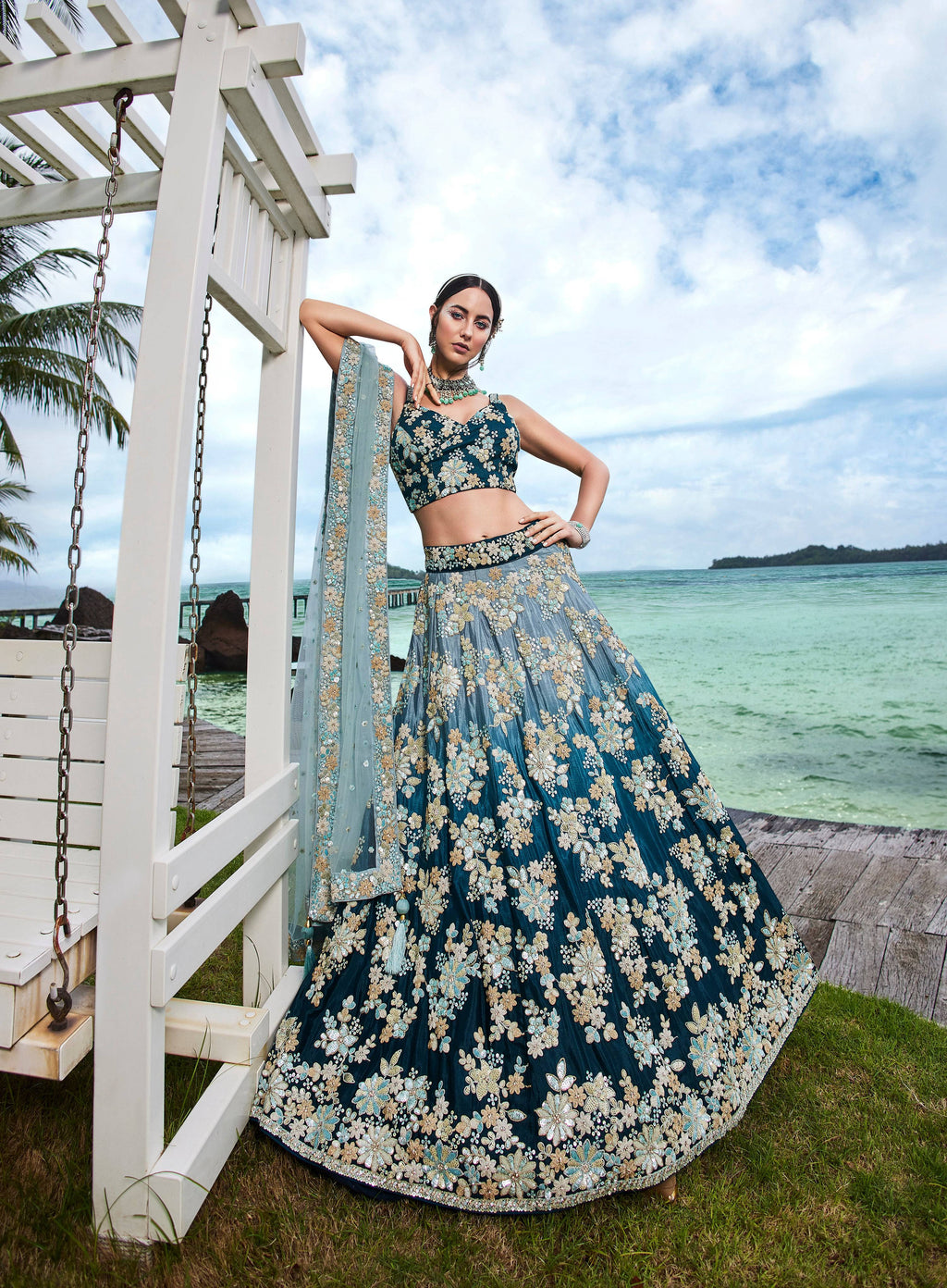 House of Panchhi Teal Padded Colour Georgette Sequins & Zarkan Embroidery Lehenga Choli & Dupatta | Grocsy
