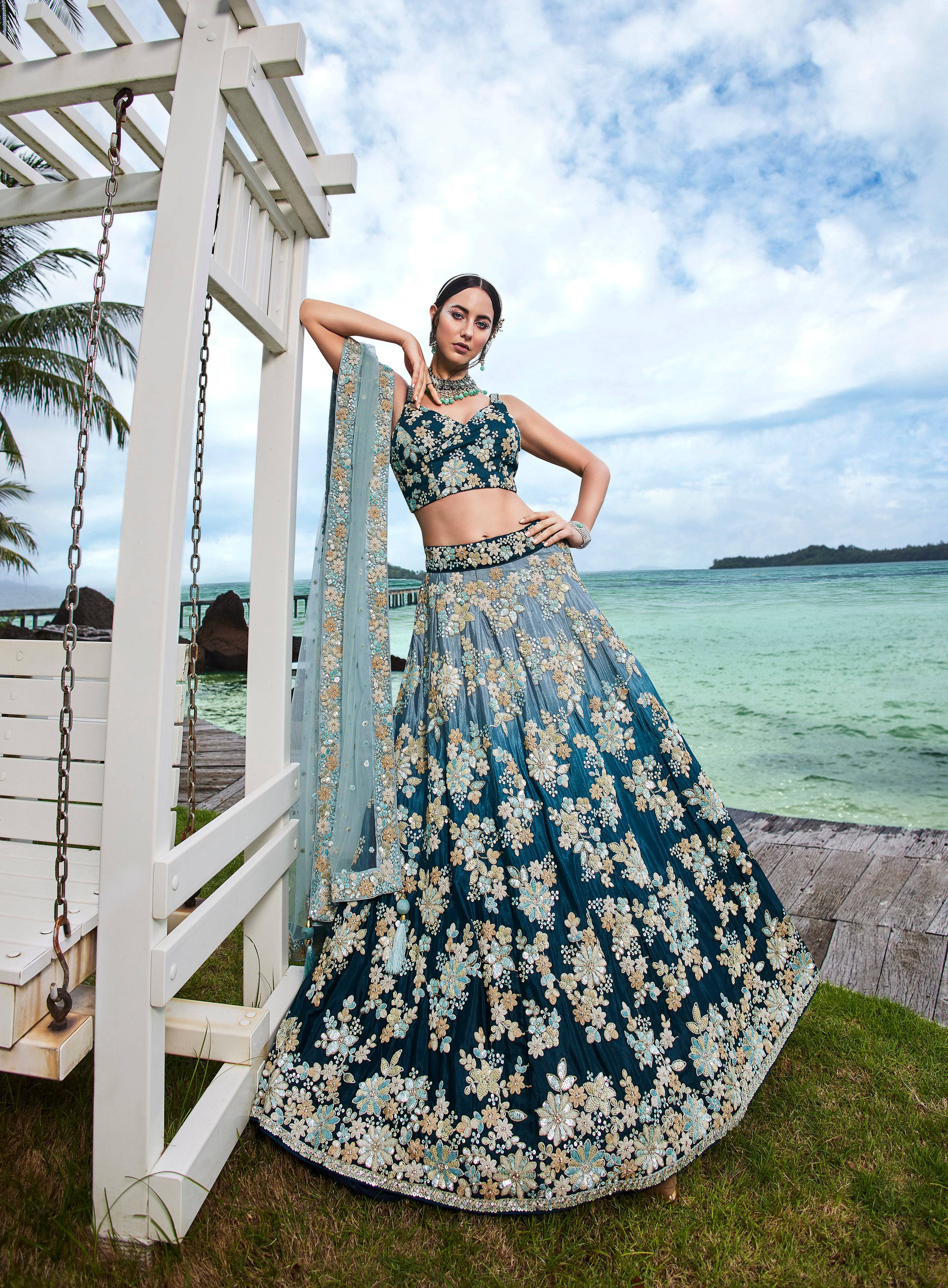 House of Panchhi Teal Padded Colour Georgette Sequins & Zarkan Embroidery Lehenga Choli & Dupatta | Grocsy