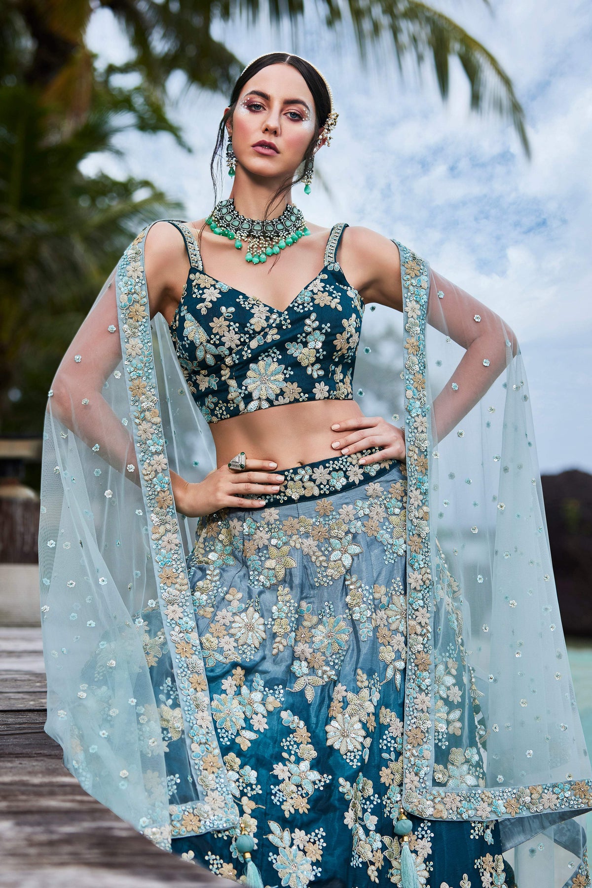 House of Panchhi Teal Padded Colour Georgette Sequins & Zarkan Embroidery Lehenga Choli & Dupatta | Grocsy