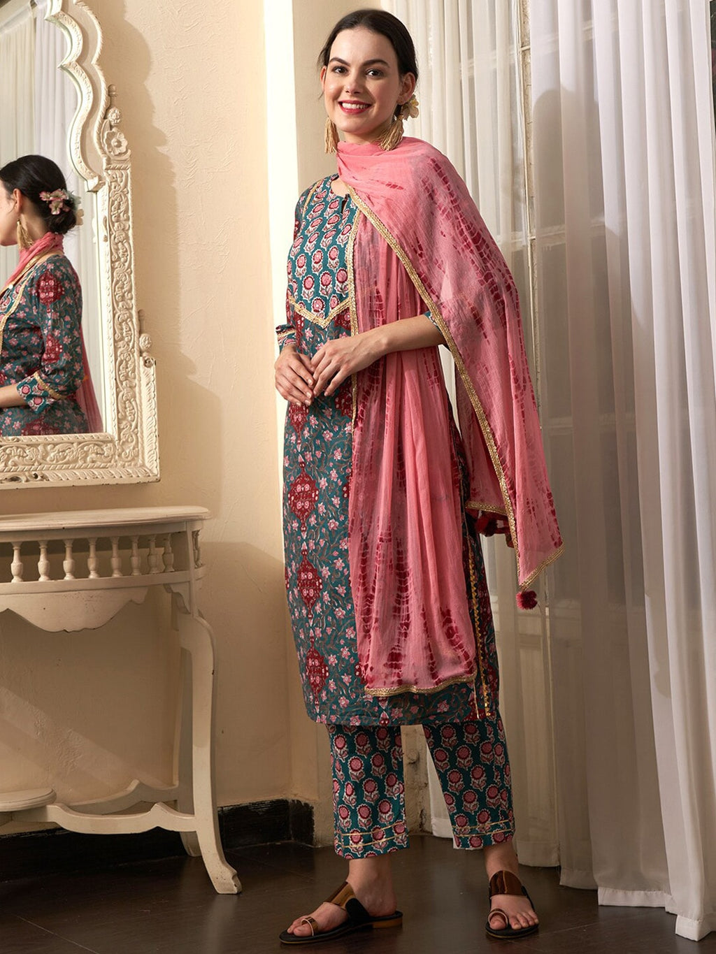 Sangria Teal Blue Floral Printed Gotta Patti Pure Cotton Kurta With Trousers & Dupatta | Grocsy