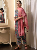 Sangria Teal Blue Floral Printed Gotta Patti Pure Cotton Kurta With Trousers & Dupatta | Grocsy