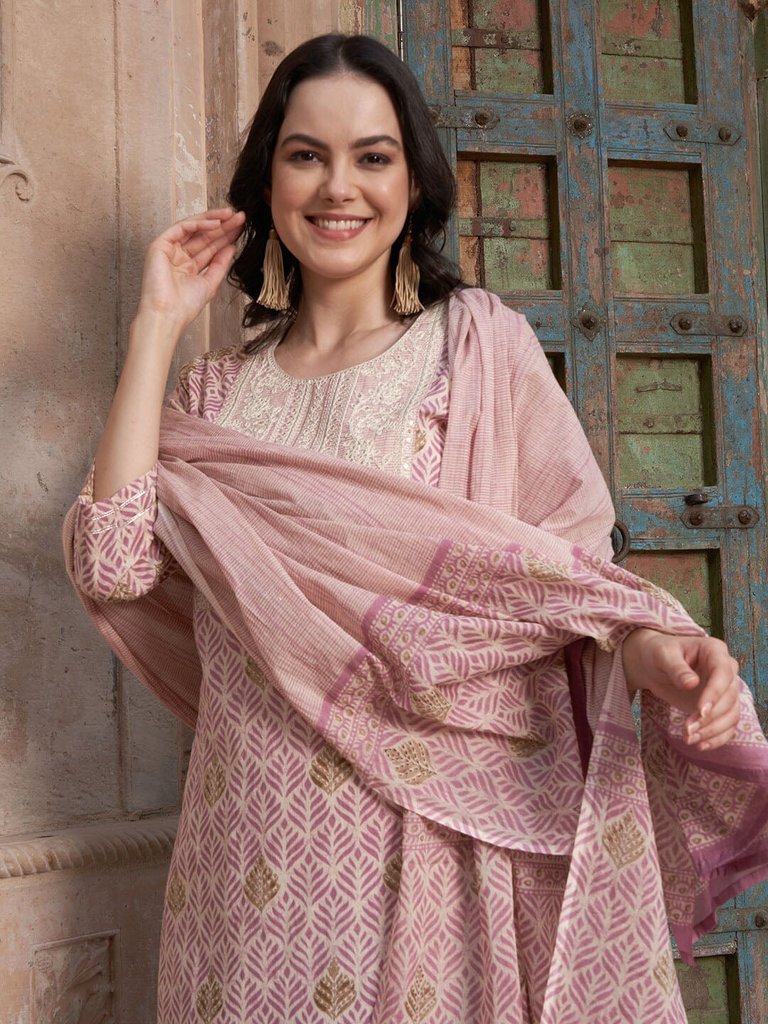 Sangria Mauve coloured Floral Printed Pure Cotton Kurta with Churidar & With Dupatta | Grocsy