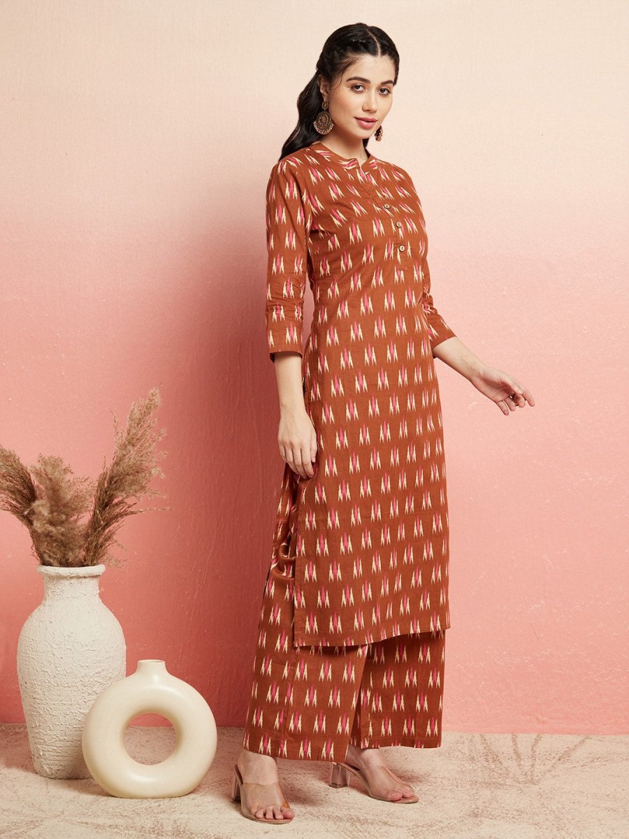 Aks Ikat Printed Pure Cotton Straight Kurta With Palazzos | Grocsy