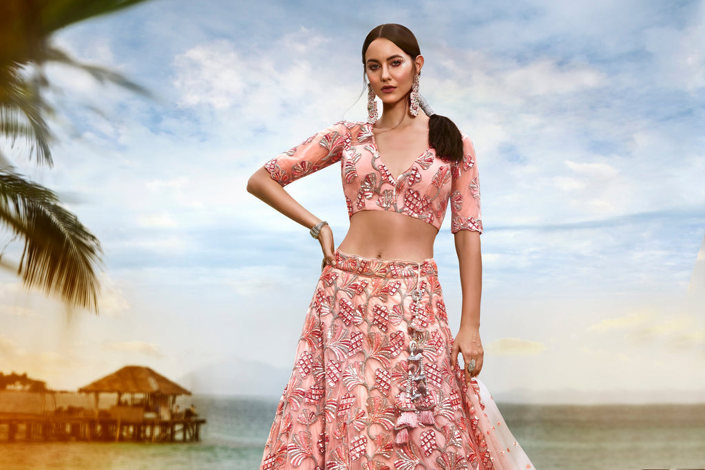 House of Panchhi Coral Net Sequins And Thread Embroidery Lehenga Choli & Dupatta | Grocsy