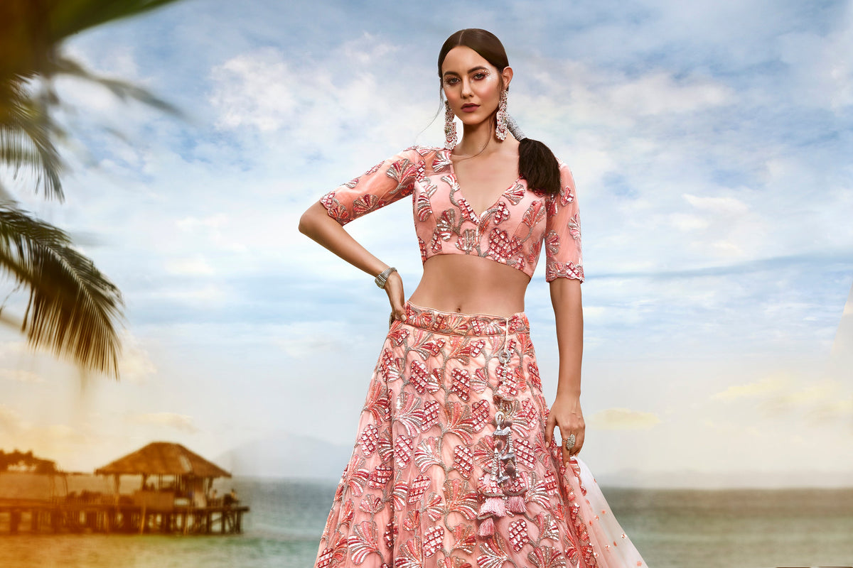 House of Panchhi Coral Net Sequins And Thread Embroidery Lehenga Choli & Dupatta | Grocsy