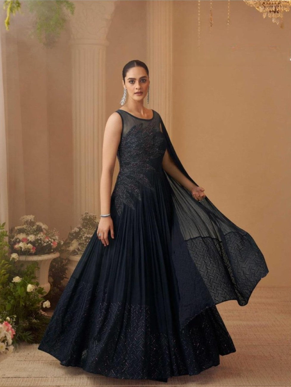 Anaita Black Chinon Silk Stitched Gown With Embroidery Work | Grocsy