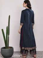 Sangria Women Navy Blue & Gold-Coloured Printed Kurta with Palazzos | Grocsy