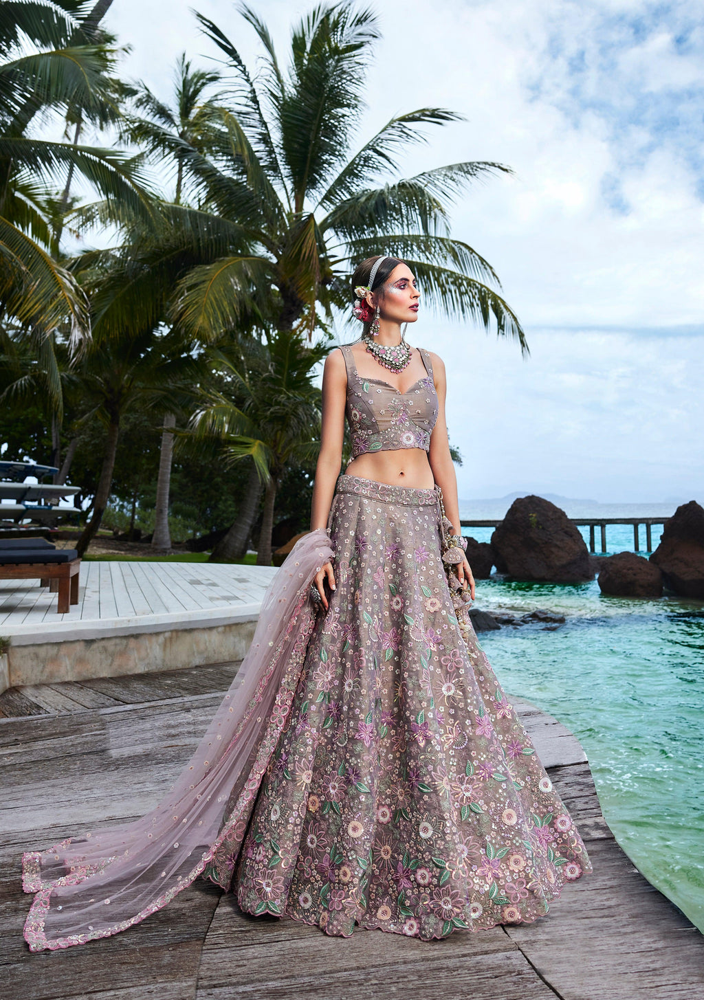House of Panchhi Rose Gold Toned Organza Sequins & Zarkan Embroidery Lehenga Choli & Dupatta | Grocsy