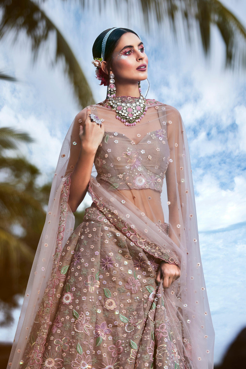 House of Panchhi Rose Gold Toned Organza Sequins & Zarkan Embroidery Lehenga Choli & Dupatta | Grocsy
