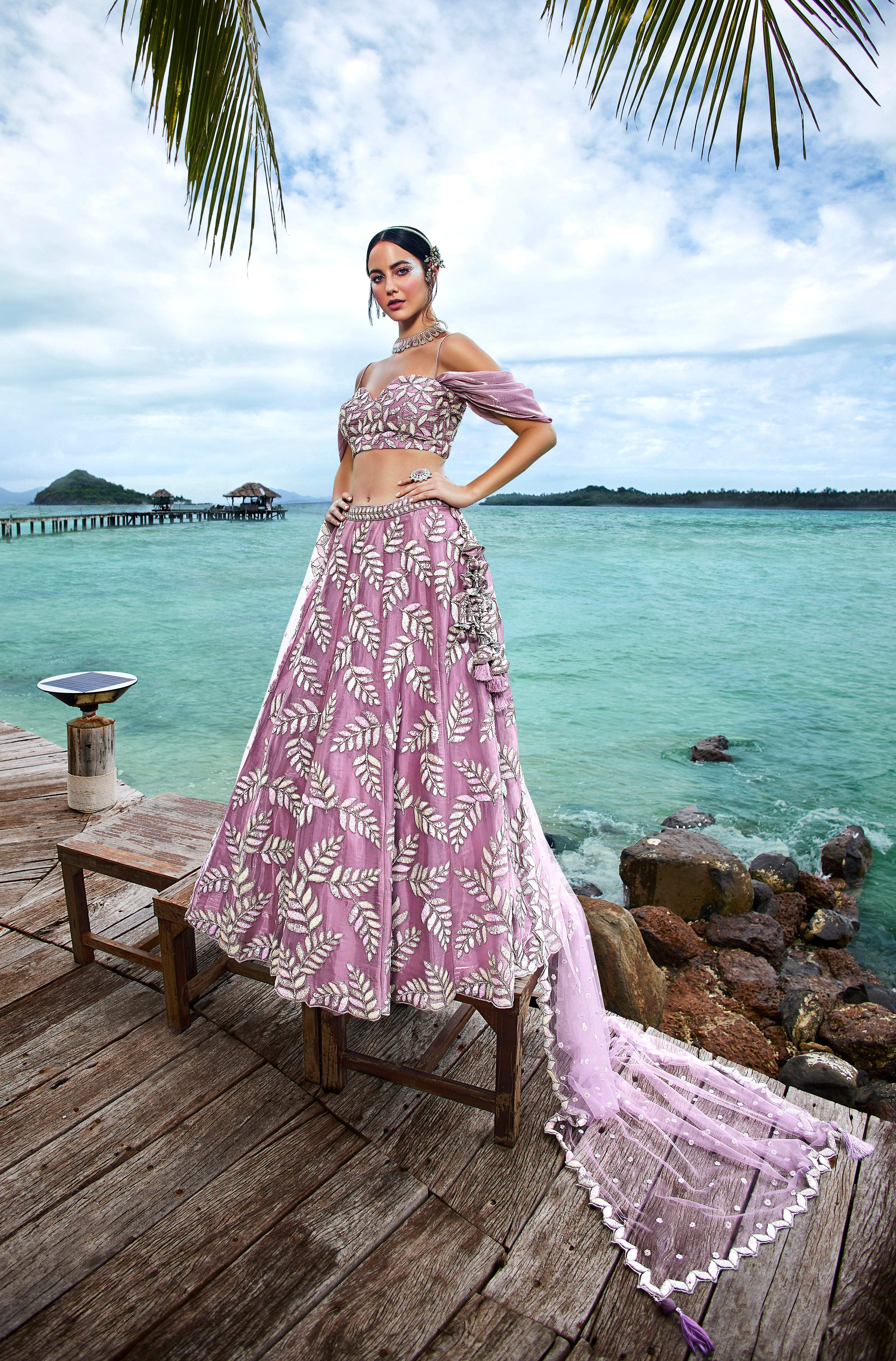 House of Panchhi Mauve Organza Sequins & Zarkan Embroidery Lehenga Choli & Dupatta | Grocsy