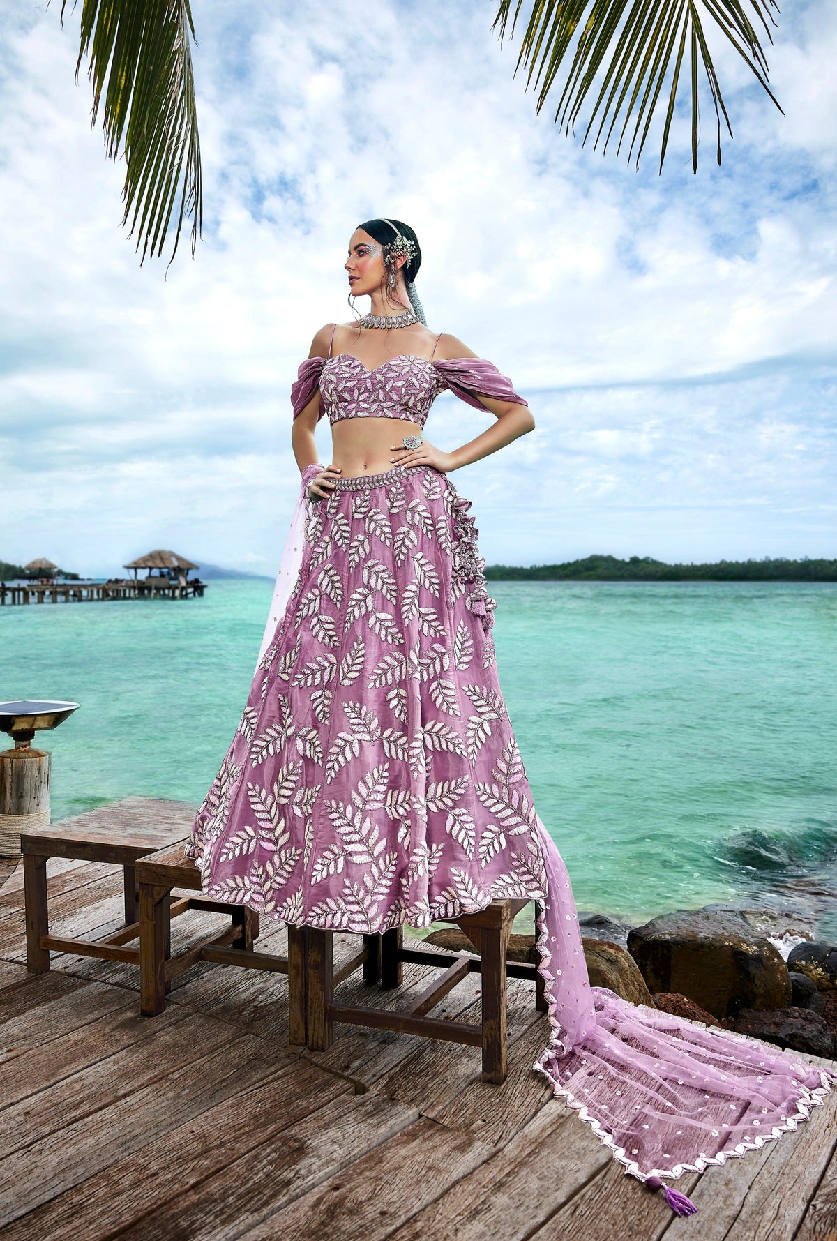 House of Panchhi Mauve Organza Sequins & Zarkan Embroidery Lehenga Choli & Dupatta | Grocsy