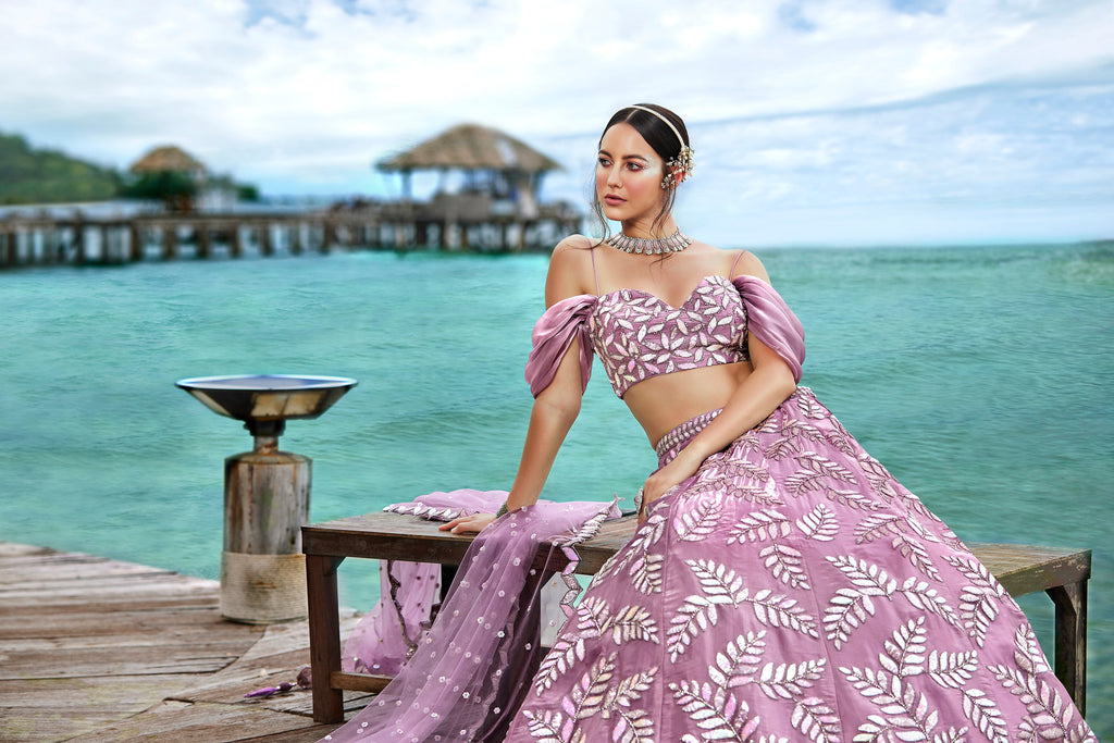 House of Panchhi Mauve Organza Sequins & Zarkan Embroidery Lehenga Choli & Dupatta | Grocsy