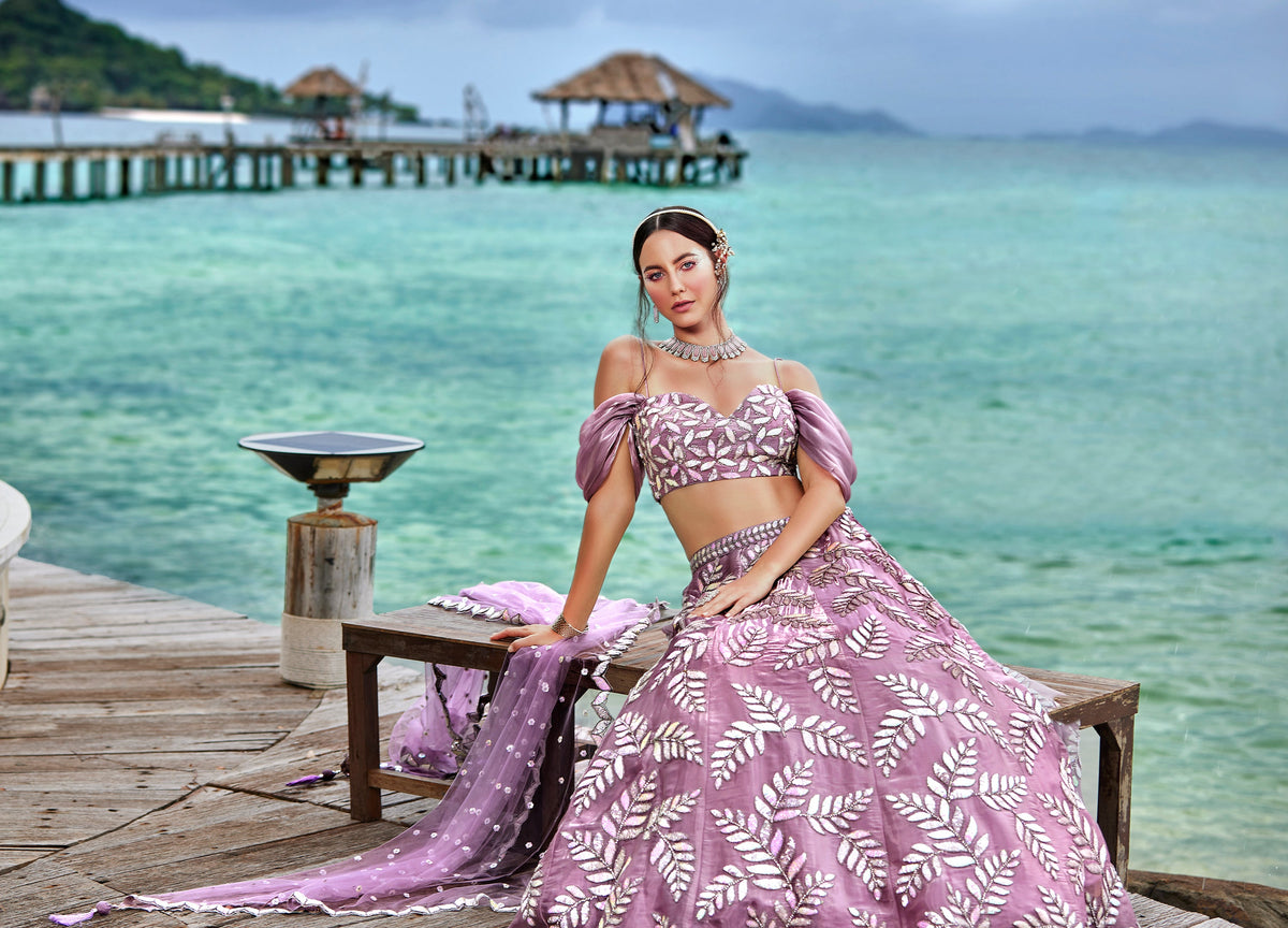House of Panchhi Mauve Organza Sequins & Zarkan Embroidery Lehenga Choli & Dupatta | Grocsy