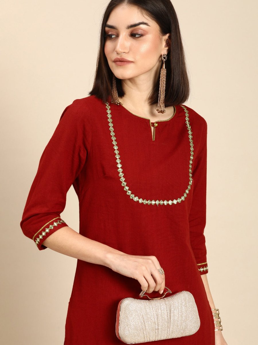 All About You Women Red & Gold-Toned Keyhole Neck Gotta Patti Kurta | Grocsy