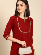 All About You Women Red & Gold-Toned Keyhole Neck Gotta Patti Kurta | Grocsy