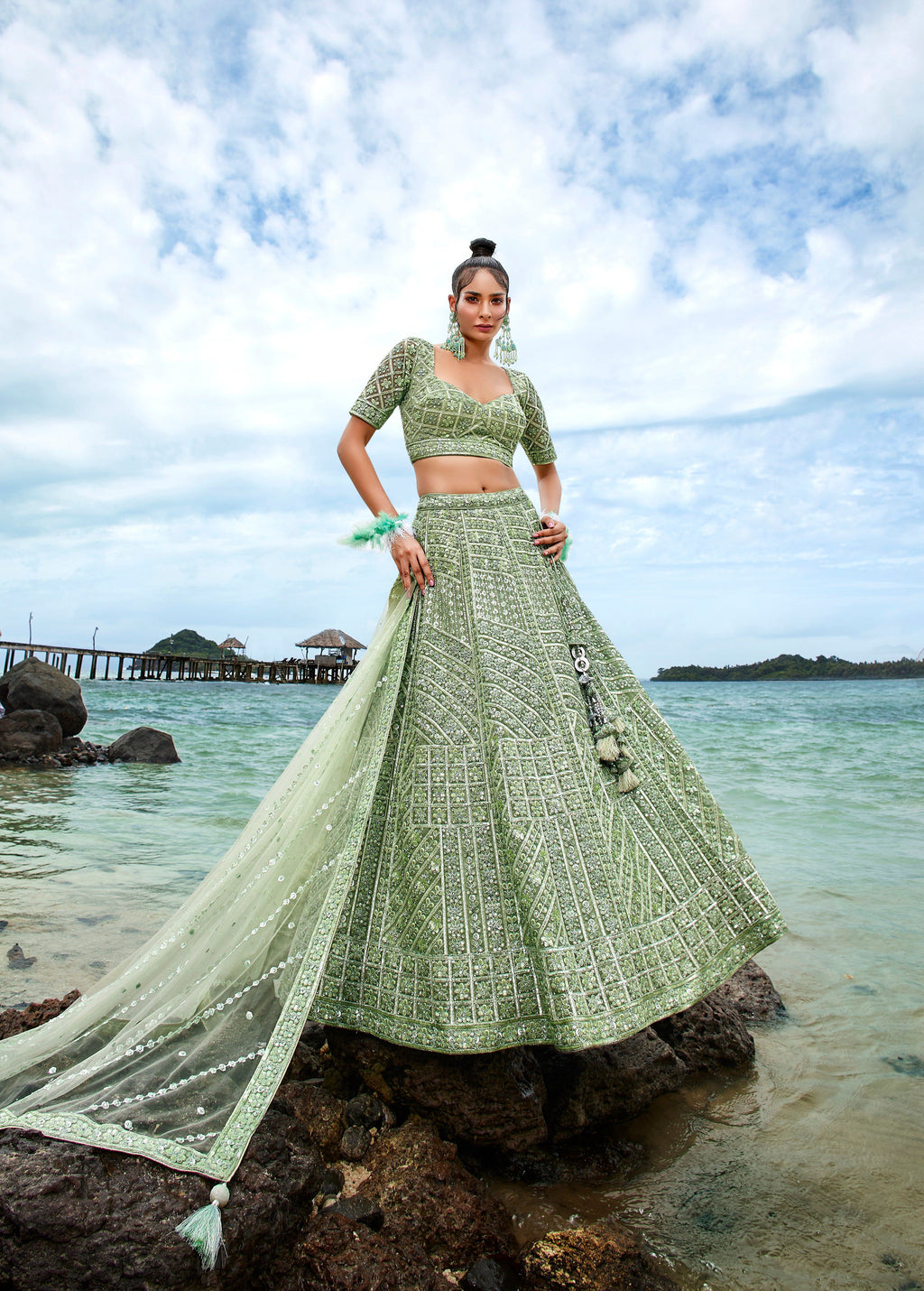 House of Panchhi Lime Green Net Sequins, Zarkan And Thread Embroidery Lehenga Choli & Dupatta | Grocsy