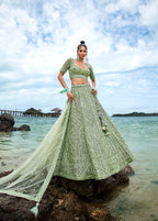 House of Panchhi Lime Green Net Sequins, Zarkan And Thread Embroidery Lehenga Choli & Dupatta | Grocsy