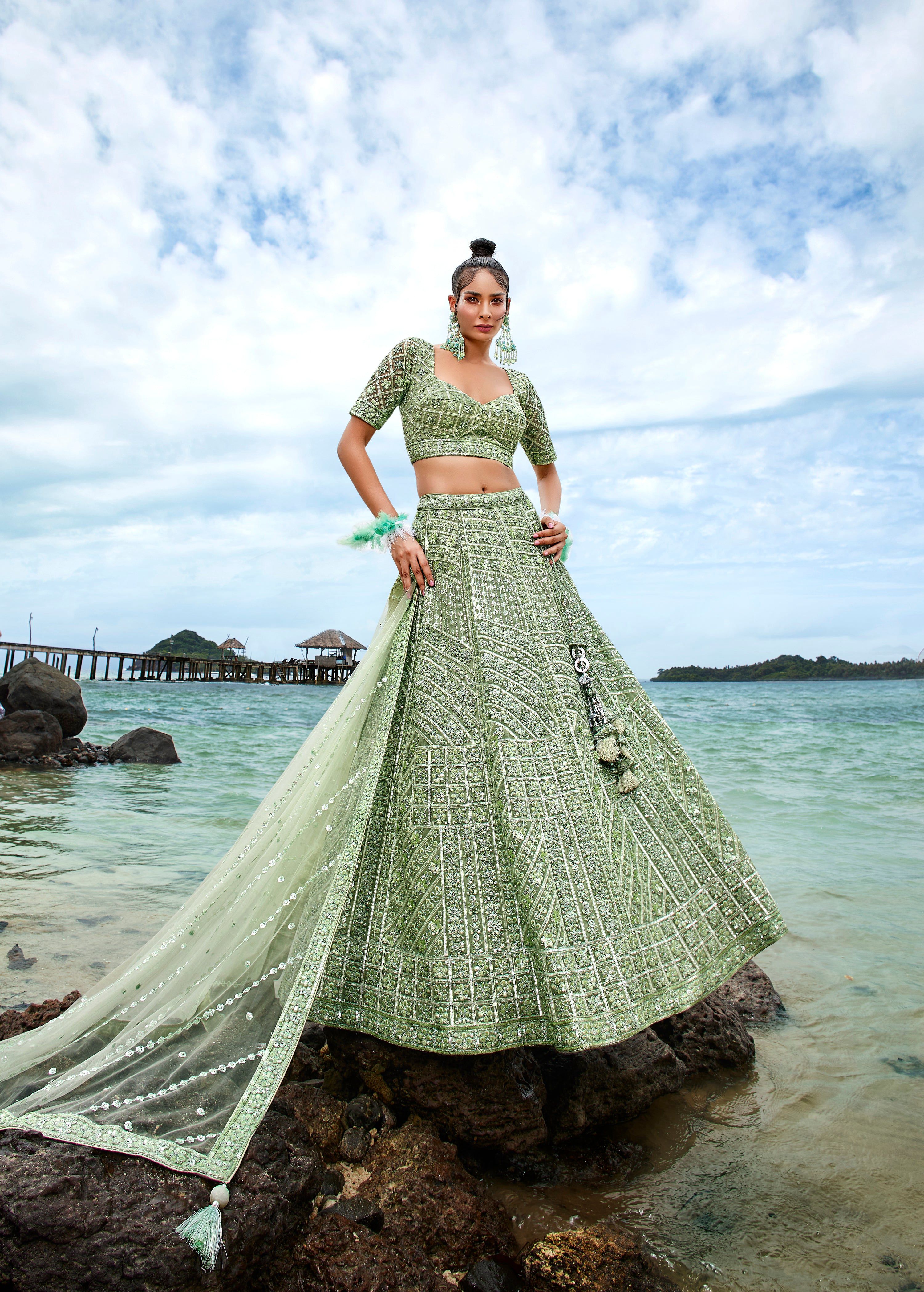 House of Panchhi Lime Green Net Sequins, Zarkan And Thread Embroidery Lehenga Choli & Dupatta | Grocsy