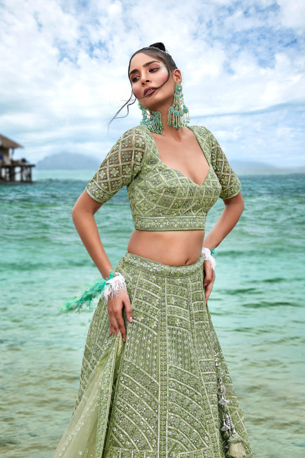 House of Panchhi Lime Green Net Sequins, Zarkan And Thread Embroidery Lehenga Choli & Dupatta | Grocsy