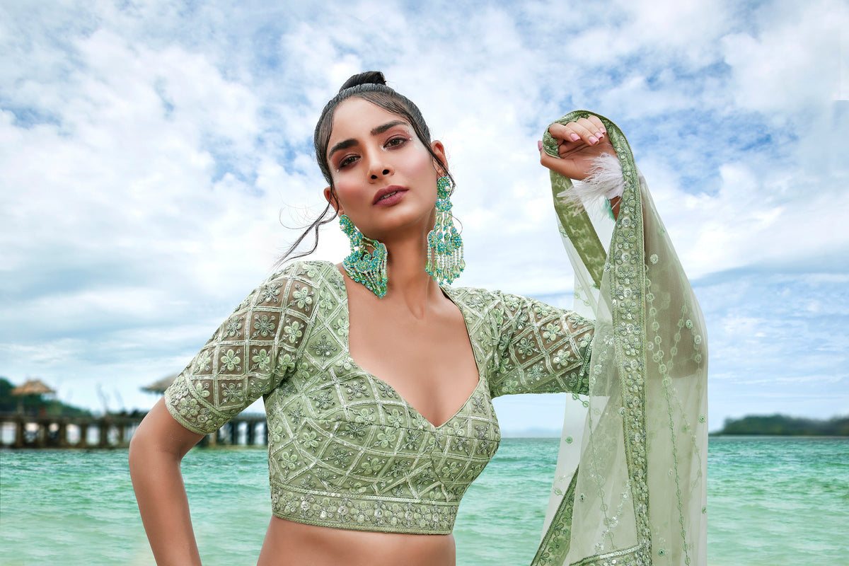 House of Panchhi Lime Green Net Sequins, Zarkan And Thread Embroidery Lehenga Choli & Dupatta | Grocsy