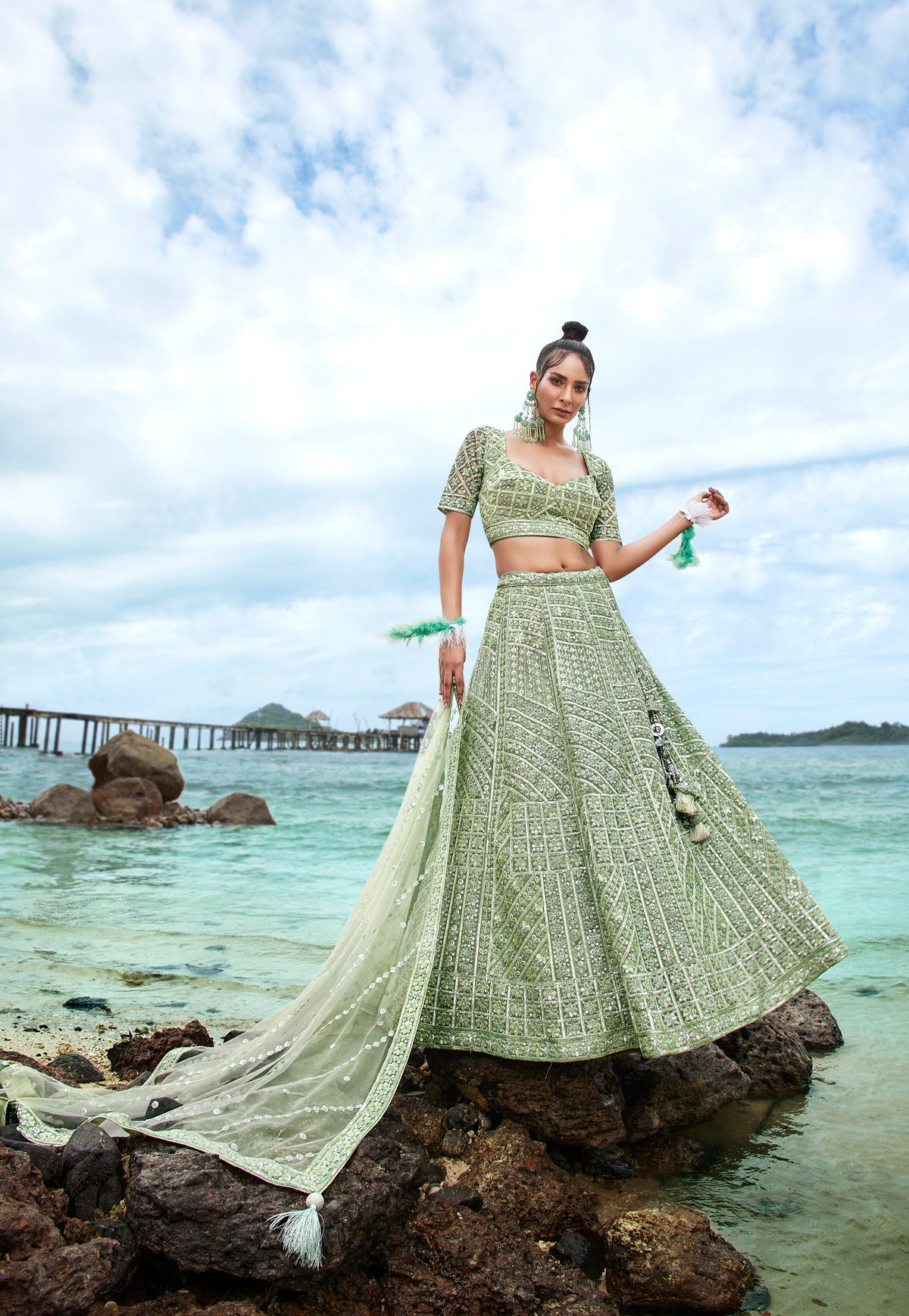 House of Panchhi Lime Green Net Sequins, Zarkan And Thread Embroidery Lehenga Choli & Dupatta | Grocsy