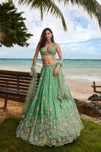 House of Panchhi Sea Green Georgette Sequins, Zarkan And Thread Embroidery Lehenga Choli & Dupatta | Grocsy