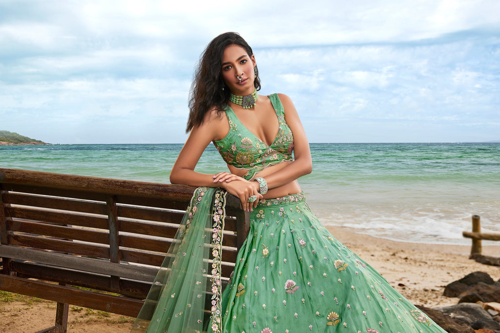 House of Panchhi Sea Green Georgette Sequins, Zarkan And Thread Embroidery Lehenga Choli & Dupatta | Grocsy